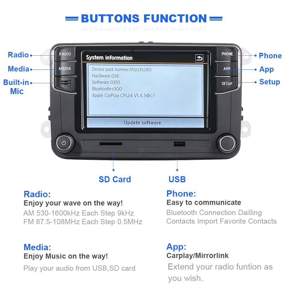 Upgraded DS RCD360 Car Radio, Apple Carplay MirrorLink Carlife Support, MIB 2-Din Touchscreen 17G035280 Vehicle Stereo for VW Golf 6 MK5 MK6 Polo Passat B6 Jetta